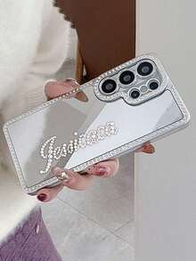 Personalized Customized Name Luxurious Rhinestone Makeup Mirror Phone Case Compatible With Samsung Galaxy S26 S25 S24 S23 Ultra Plus Anti Fall Shockproof Lens Protective Back Cover - Silver - View 4