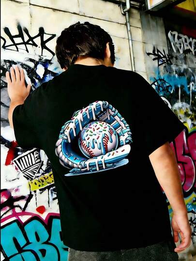 2026 Spring/Summer New Casual Fashion Style, Boys' & Teens' Baseball Graphic Print Loose Fit Round Neck Short Sleeve T-Shirt, Easy Care Fabric, Suitable For Spring/Summer Outdoor & Vacation