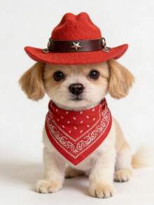 Pet Cowboy Hat And Scarf Set - Western Style Pet Clothes For Cats And Dogs, Adjustable Pet Accessories Suitable For Photo Props And Daily Wear - Red - View 5