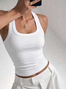 Women's Ribbed Tank Top With Square Neckline, U-Shaped Wide Straps, Premium Comfortable Ribbed Knit - White - View 2
