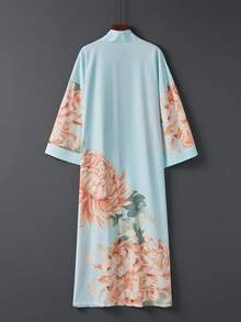 Bata larga suelta con lazo de estilo retro elegante y lujoso, ropa de estar en casa informal y ligera, cubridor de bikini para la playa de verano, kimono cubridor, chaqueta protectora solar - Celeste - Ver 7