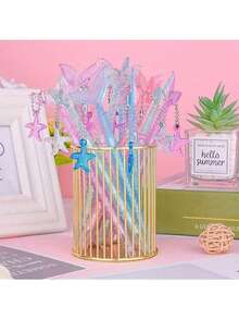 20pcs/16pcs/12pcs/8pcs/4pcs Mermaid Tail Glitter Gel Pen Set With Starfish Pendant, Plastic Oval Body, Press Cap, Medium Nib, 0.5mm Black Ink, Suitable For Adults - One Size - View 7