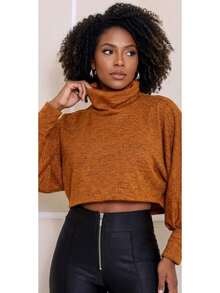 Women's Long-Sleeved Cropped Top With A High Neck In Wool Fabric. - Caramel - View 3