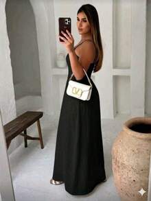 Simple Casual Long Dress In Linen With Elastane, Elegant Ruffled Hem, Elasticated Waistband And Pockets, Adjustable Straps, Perfect For Parties, Weddings, And Summer - 黑色 - 查看 2