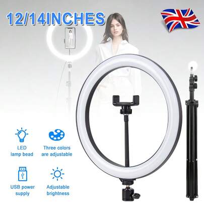 12/14" LED Ring Light With 2M Adjustable Tripod Stand, USB Power Supply,,Indoor Live Beauty Light, Mobile Photography, No Batteries Required