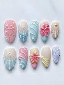 10 Pieces Of Handmade Stick-On Nails | Luxurious Pastel Cute Dopamine Summer Waves And Shell Embossed Nails | 3D Tropical Flower Design | Almond Shape | Glossy Surface | Reusable Fake Nails, Suitable As Gifts, Perfect For Beach Vacations, Parties, And Dates - Baby Blue - View 6