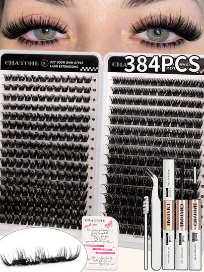 384pcs Cluster False Eyelashes Makeup Tool Set. 1 Box Contains 4 DIY Styles To Choose From, Eyelash Length 8-16mm, D-Curl. Enhances Eye's 3D Effect, Removable Without Changing Natural Lashes. Suitable For Beginners' Daily Wear, DIY Segmented Lashes. Eyelash Tool Set Includes Lash Glue, Tweezers And Lash Brush. Applicable For Daily Use, Work, Family Gatherings, Dates, Holidays, Travel And Beautifying Eye Area In Photos.