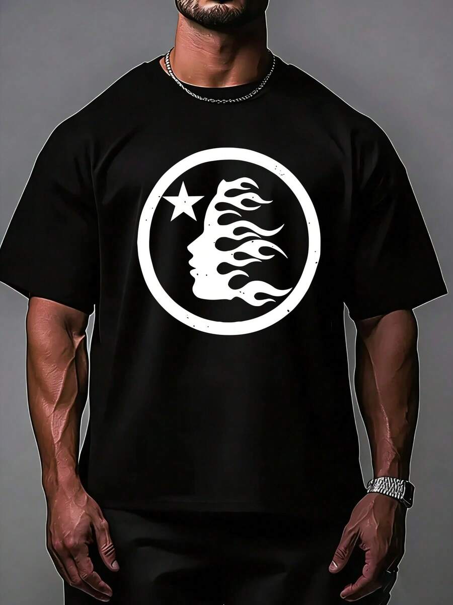 Hellstars Flame Head Star Logo White Y2K Graphic T-Shirt,220g 100% Cotton,Round Neck Short Sleeve,Black Streetwear Essential For Summer Going Out,Unisex Style - 黑色 - 查看 1