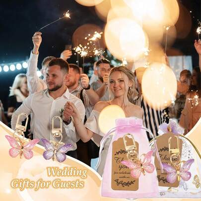 3pcs Pink/Purple Butterfly Keychain Gift Set, Wedding Gift Set With Brown Thank You Cards And Organza Gift Bags, Bride To Be,Bride,Wedding,Hen Party,Bachelorette Party,Bridal Shower,Party Supplies,Bridesmaid Gift,Wedding Favours For Guest Wedding Supplies,Graduation Season, Birthday Gifts