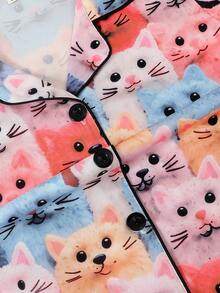 Set de 2 piezas de pijama informal para niñas con estampado de gato en el cuello y manga larga, y pantalones. Resistente a las llamas, para todas las estaciones - Multicolor - Ver 5