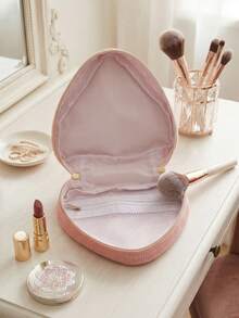 1个可爱心形灯芯绒手提包，大容量，便携耐用，双拉链设计，纯色搭配玫瑰金，多功能化妆包，旅行收纳包，适合存放化妆品、口红、眉笔等，是理想的学校和办公用品，也是完美的伴娘礼物，适合学生和上班族，可用于返校促销、情人节、万圣节、圣诞节、感恩节、生日、返校季、圣尼古拉斯节、主显节、圣诞节、婚礼纪念品等场合。 - 查看 4