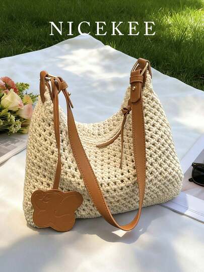 Fashionable Large Capacity Hollowed Out Shoulder Bag, Niche Design, Personalized, Simple Color Blocking Hanging Accessory Armpit Bag, Suitable For Shopping, Daily Outings, Vacations, And Seaside Activities