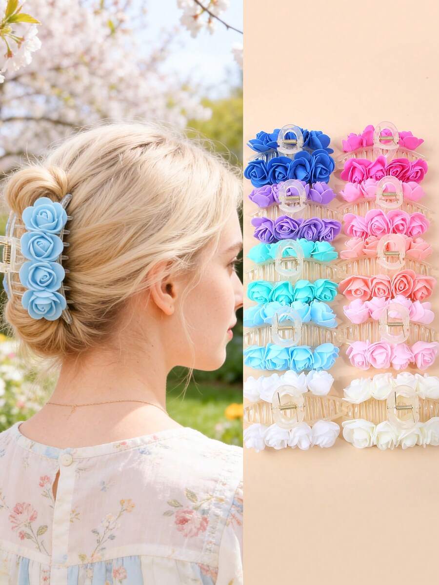 1 Piece Floral Rose Hair Claw Clips - Elegant Satin Flower Hair Clamps For Girls, Cute Decorative Hair Accessories For Wedding, Party, Daily Wear And Beach - 抓夾 - 查看 1