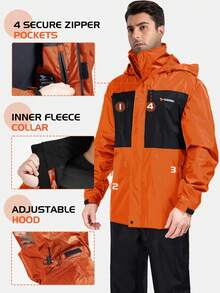 RODEEL Men's Fishing Windproof Raincoat, Breathable Quick-Dry Design With Multiple Pockets, Adjustable Cuffs, Ideal For Outdoor Enthusiasts - Orange - View 3