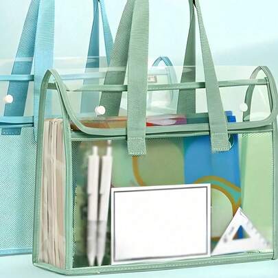 1个大容量透明PP文件袋 - 多层设计，适用于平板电脑、A4纸张和文具 - 耐用便携式文件盒，内容物一目了然