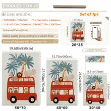 1幅帆布墙画，动物巴士主题儿童房墙画，野生动物园主题儿童房装饰，丛林主题儿童房装饰，红色伦敦巴士艺术印刷品，游戏室海报，婴儿房墙画，婴儿房装饰海报，幼儿园装饰 - 彩色 - 查看 2