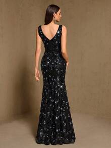 Women's Sexy Deep V-Neck Sequin Black Cocktail Party Evening Dress - Black - View 3