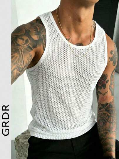 男士纯色镂空网眼无袖背心