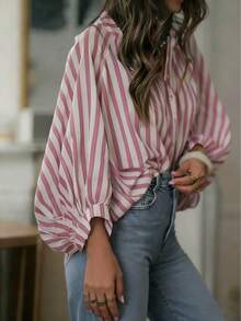 Plus Size Women Spring/Autumn Casual Striped Loose Lantern Sleeve Shirt - Pink and White Stripes - View 8