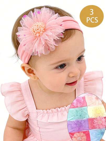 Bộ 3 băng đô hoa cho bé gái, phù hợp cho bé từ 0-4 tuổi, chất liệu ren lưới họa tiết hoa, phụ kiện thời trang mùa xuân/hè cho bé gái, quà tặng trẻ em, đồ trang trí cho các dịp lễ kỷ niệm, sinh nhật, đạo cụ chụp ảnh, phù hợp sử dụng ở nhà hoặc ngoài trời.