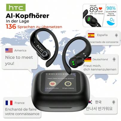  Écouteurs sans fil HTC NE61 : nouveaux écouteurs avec suivi de la fréquence cardiaque, son HiFi et qualité d'appel HD, détection de mouvement avec suivi de la fréquence cardiaque, résistance à la transpiration, écran tactile LED couleur, Wi-Fi 6.0 et latence extrêmement faible pour la mesure de la fréquence cardiaque.