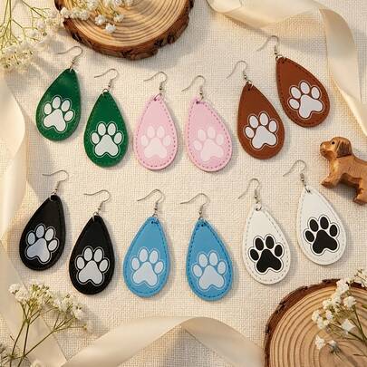 1对简约时尚耳环，可爱卡通宠物爪印双面印花耳环，复合加厚封边精致水滴设计，PU材质，轻巧便携，宠物爱好者日常礼物，节日庆典佳品