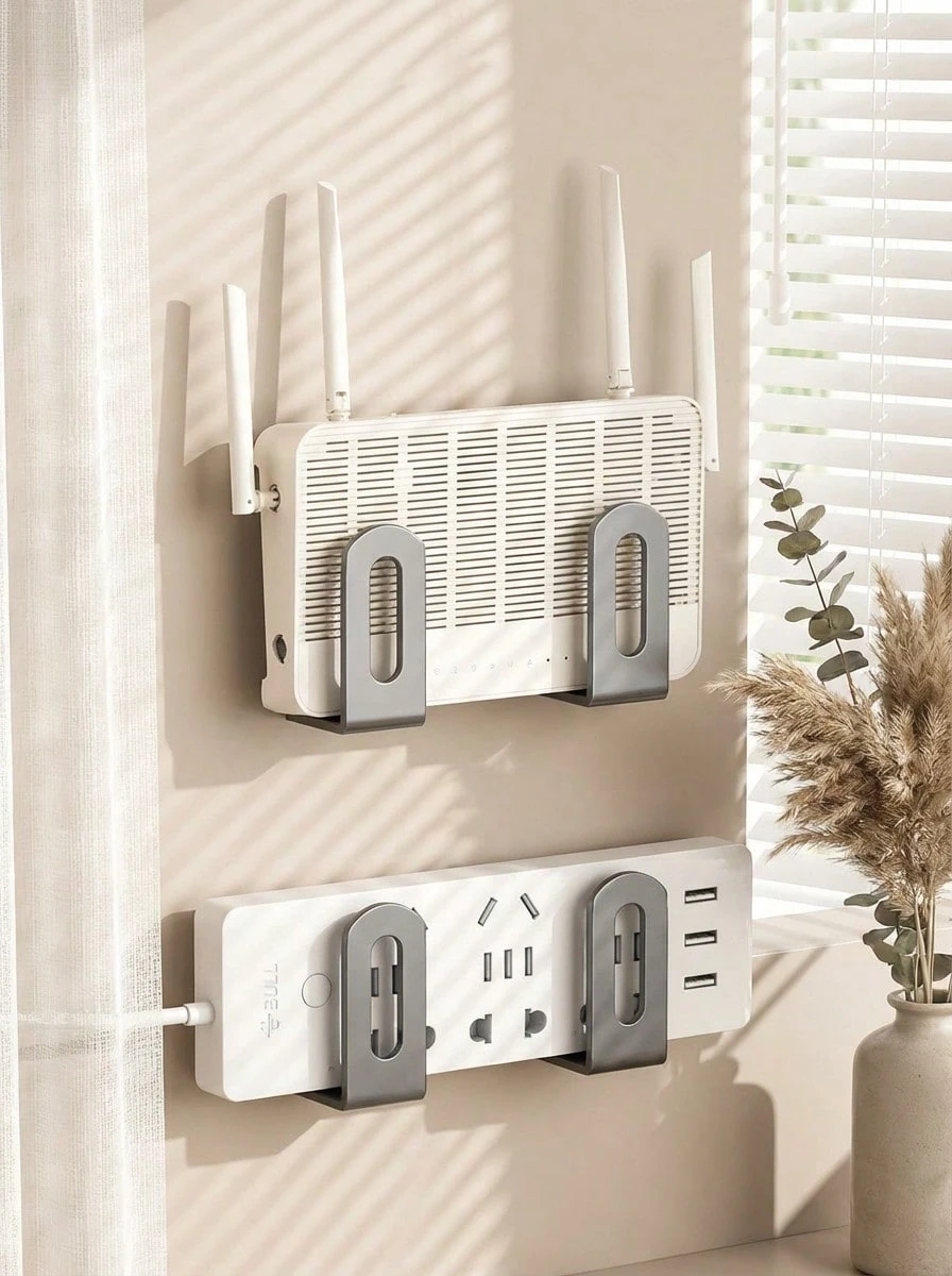 Estante de almacenamiento para montaje en pared sin taladro, adecuado para router, módem WiFi, decodificador, gestión de cables, estante de piedras preciosas sintéticas, organizador multifuncional ahorrador de espacio con adhesivo - Gris - Ver 1
