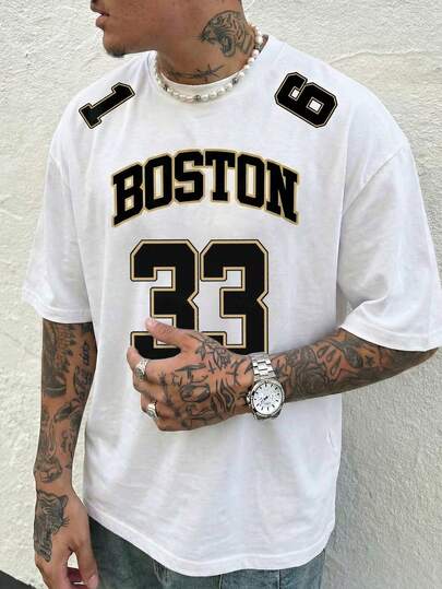 Men's Retro American Letter Print T-Shirt, Oversized Dropped Shoulder Silhouette, Clean Fit Streetwear Short Sleeve Top