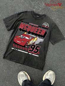 Disney 30g Vintage Washed Casual T-Shirt |  No.95 Racing Retro Speed Print Short Sleeve - 黑色 - 查看 2