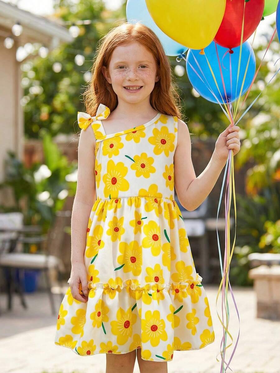 BASUSARRI 度假风斜肩印花连衣裙，优雅女士连衣裙，百搭时尚少女度假沙滩外出连衣裙，夏季女童连衣裙 - 黃色 - 查看 1