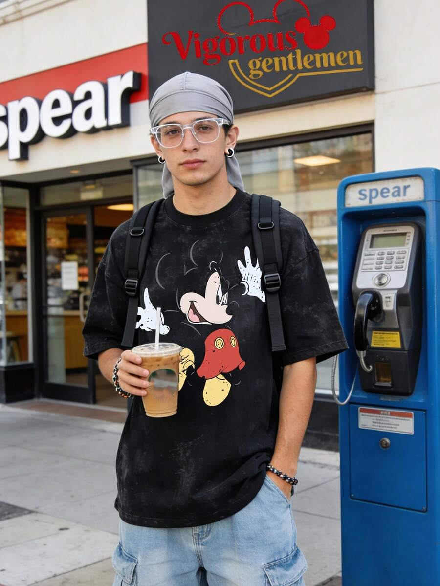 Disney Vintage Washed 230g Casual T-Shirt | Playful Big Head Fun Cartoon Print Short Sleeve - 黑色 - 查看 1