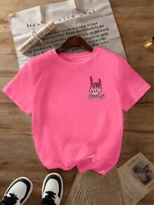 Teenage Girls' Skull & Slogan Print Round Neck T-Shirt, Soft Casual Tee For Spring/Summer - Hot Pink - View 3