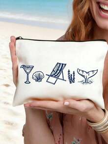Customized Coastal Style Makeup Bag - Personalized Design "Last Beach Toast" Pattern, Reusable Makeup Bag With Glasses And Shell Elements, Lightweight Hand-Painted Style, Convenient And Practical Makeup And Toiletry Storage Pouch - Multicolor - View 4