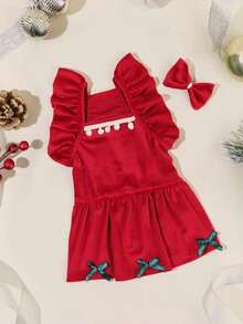 一套公主风可爱时尚蝴蝶结连衣裙套装，方便穿脱的狗狗衣服，节日版 - 紅色 - 查看 12