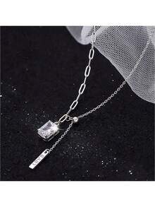 925 Silver Square Diamond Tassel Necklace, Luxury Elegant Letter Pendant Clavicle Chain For Women - Silver - View 9
