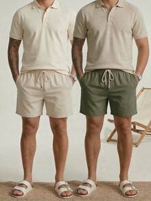 Kit 2 Bermudas Masculina Linho Mauricinho Elegante  Short Casual Confortavel leve Verão Bolsos Faca - Bege/Verde - Visão 1