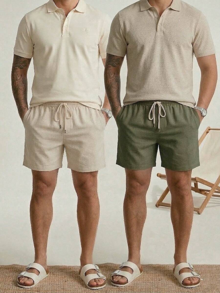 Kit 2 Bermudas Masculina Linho Mauricinho Elegante  Short Casual Confortavel leve Verão Bolsos Faca - Bege/Verde - Visão 1