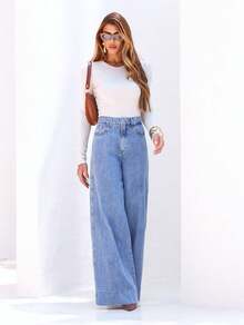 Manon Store Women's Dark Blue High-Waisted Wide-Leg Jeans - 淺色水洗藍 - 查看 3