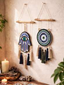 1件波西米亚风邪眼挂毯，手工刺绣恶魔之眼流苏墙饰，独特的波西米亚家居装饰，神秘房间装饰，客厅卧室波西米亚风墙挂，送给女性的灵性礼物，波西米亚风棕榈树和圆形眼睛墙挂，适用于客厅、卧室、冥想空间、婚礼派对、节日活动背景 - 彩色 - 查看 2