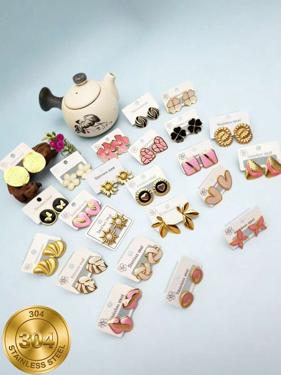 1 đôi bông tai bằng thép không gỉ 304 hình bướm/lá/trái tim/cỏ ba lá/hoa/phong cách nghệ thuật cổ điển sang trọng dành cho nữ. Thích hợp cho đi làm, các dịp khác nhau, kỳ nghỉ và mua sắm hàng ngày. Lý tưởng cho những buổi trà chiều thanh lịch, cũng có thể dùng làm quà tặng sinh nhật/kỷ niệm. [Bộ ngẫu nhiên] - Nhiều màu - Xem 1