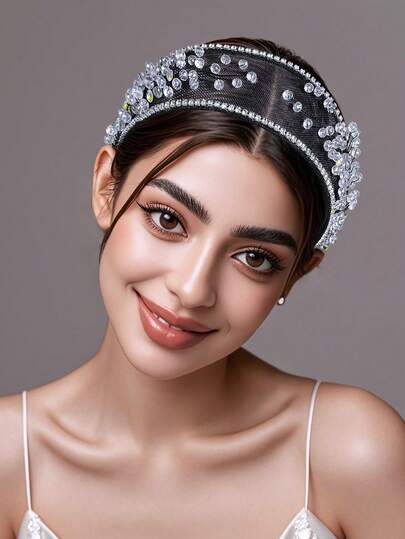 1pc Shiny Silver Rhinestone Beaded Headband, Minimalist Baroque Style Mesh Hollow Wide Hair Hoop, Suitable For Bride, Wedding, Festival, Party, Daily Casual And Work Wear For Women Hairband