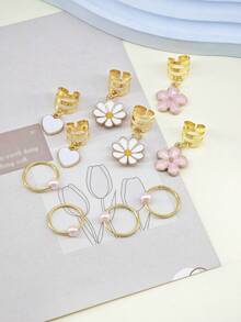 10pcs White Daisy Heart & Pink Camellia Faux Pearl Hair Rings - Elegant Adjustable Alloy Hair Cuffs, Princess Style Boho Jewelry For Girl's Braids & Dreadlocks - Gold - View 3