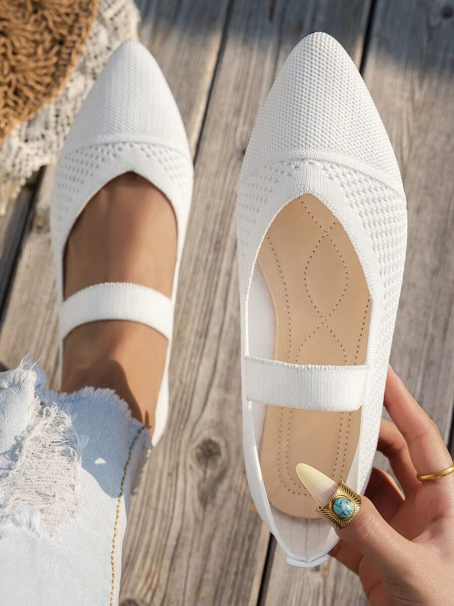 白色尖头编织网面鞋，浅口玛丽珍鞋，透气休闲通勤鞋，适合春夏穿着，修身款 - 白色 - 查看 1