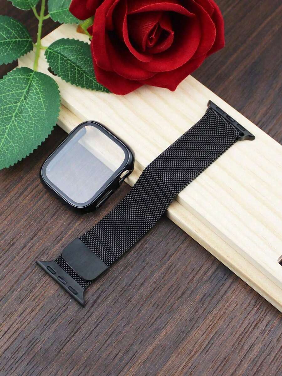 1 Set Fashion Mag Milanese Loop Strap & Case With Double Row Crystals, All-In-One Protective Cover Compatible With Apple Watch 38mm 40mm 41mm 45mm 44mm 42mm 46mm 49mm, Breathable, Scratch-Resistant, Waterproof, Shockproof, For Women And Men - Black - View 1