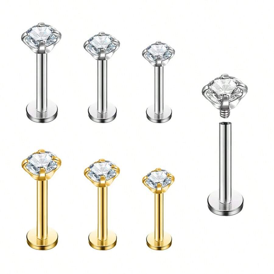 Titanium Steel Flat Zirconia Stud Earrings, Round Disc Cartilage Earrings, Lip Rings, External Thread Nose Rings, Versatile & Elegant - 3-5  Lip Nails - View 1