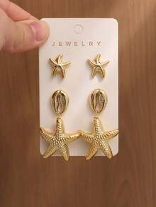 Set de 6-12 piezas de pendientes elegantes con conchas marinas, estrellas de mar y diseños geométricos de metal, accesorios de joyería adecuados para uso diario para mujeres - Dorado - Ver 5