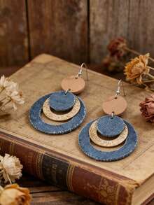 复古木质牛仔蓝色圆形耳环，波西米亚风闪亮牛仔多层独特设计耳环 - 牛仔藍 - 查看 2