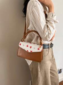 新款清新樱桃时尚别致甜美拼接法式奢华单肩斜挎包 - 棕色 - 查看 3
