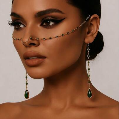 1pc Women's Fashion Green Rhinestone Face Chain, Personalized Street Style Tassel Face Chain, Facial Jewelry, Stage Accessories
