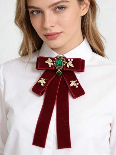 עניבת פרפר קטיפה משובצת אזמרגד לנשים, בסגנון ארמון רטרו, אביזר לצווארון קטיפה אדום יין/שחור